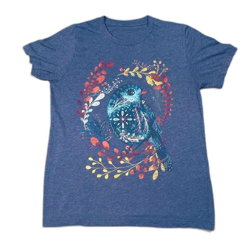 Scandinavian Folk Art Floral Bluebird T-Shirt Women's L